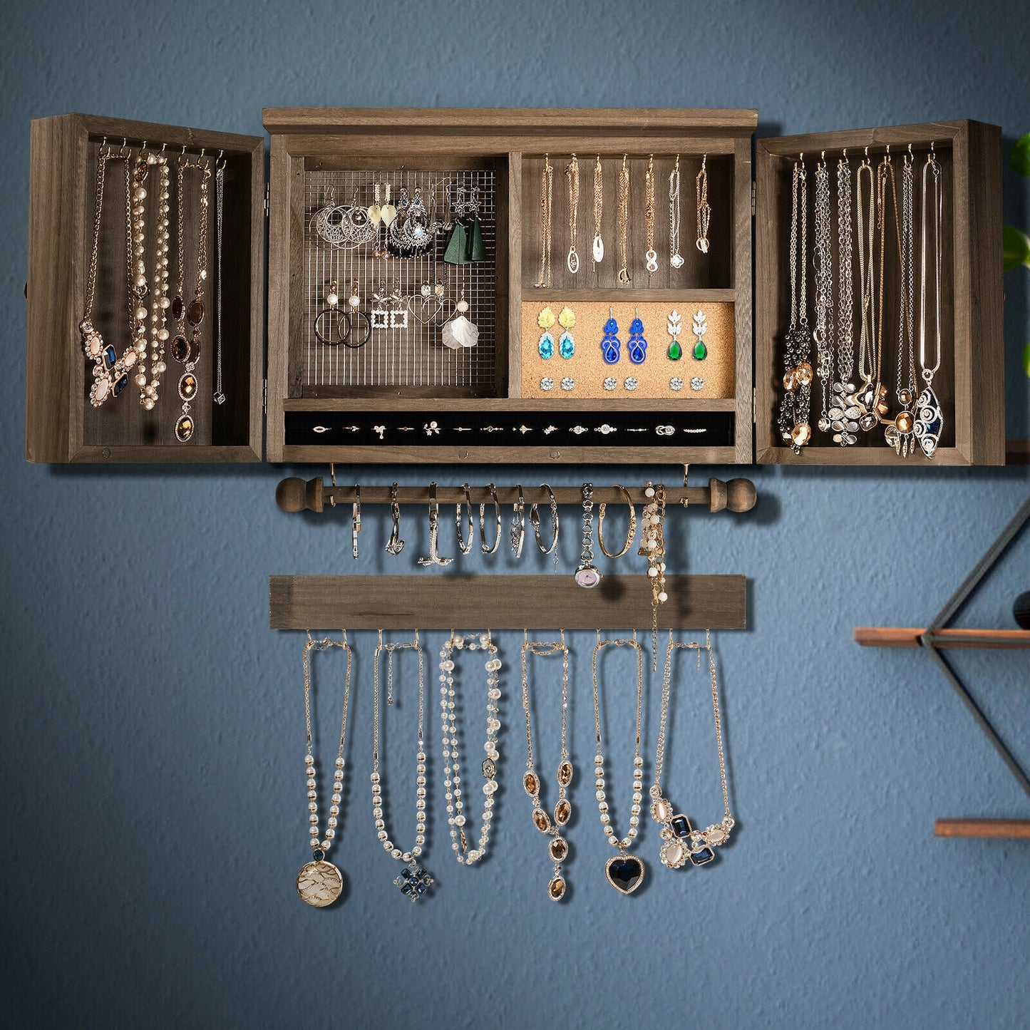 Barn Door Jewelry Organizer Wall Mounted Rustic Wood Cabinet with Hooks Mesh and Rod for Jewelry Storage