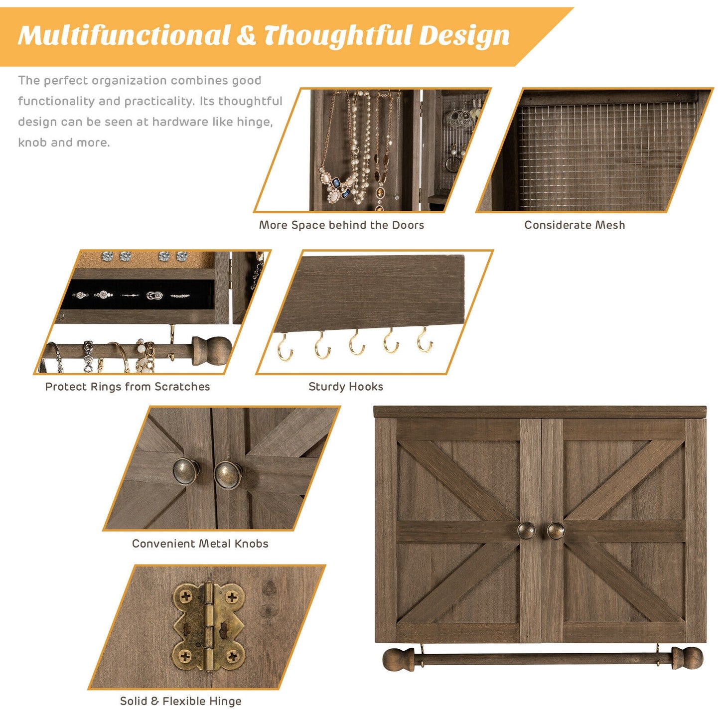 Barn Door Jewelry Organizer Wall Mounted Rustic Wood Cabinet with Hooks Mesh and Rod for Jewelry Storage