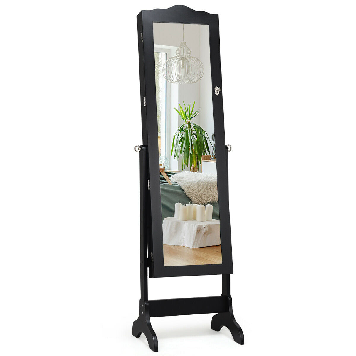 Freestanding Lockable Jewelry Armoire with Full-Length Mirror and Velvet-Lined Storage Organizer – Black