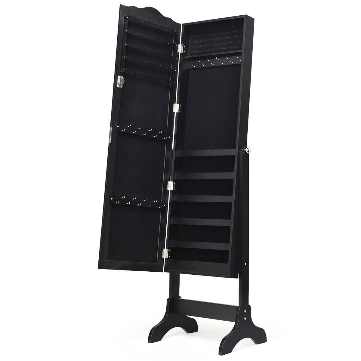Freestanding Lockable Jewelry Armoire with Full-Length Mirror and Velvet-Lined Storage Organizer – Black