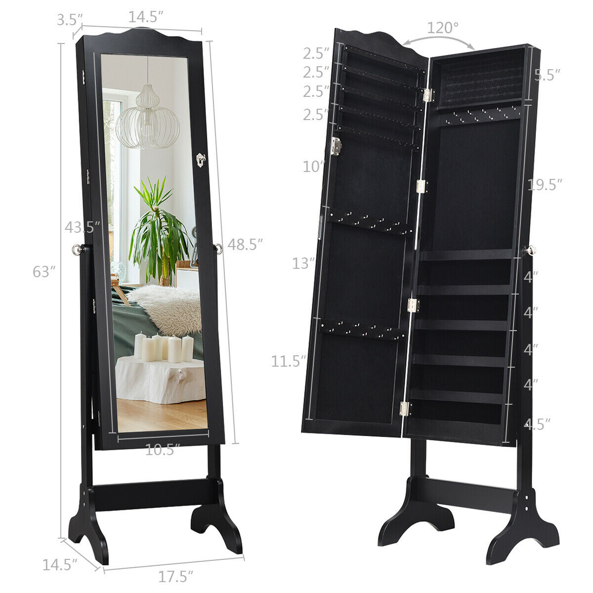 Freestanding Lockable Jewelry Armoire with Full-Length Mirror and Velvet-Lined Storage Organizer – Black