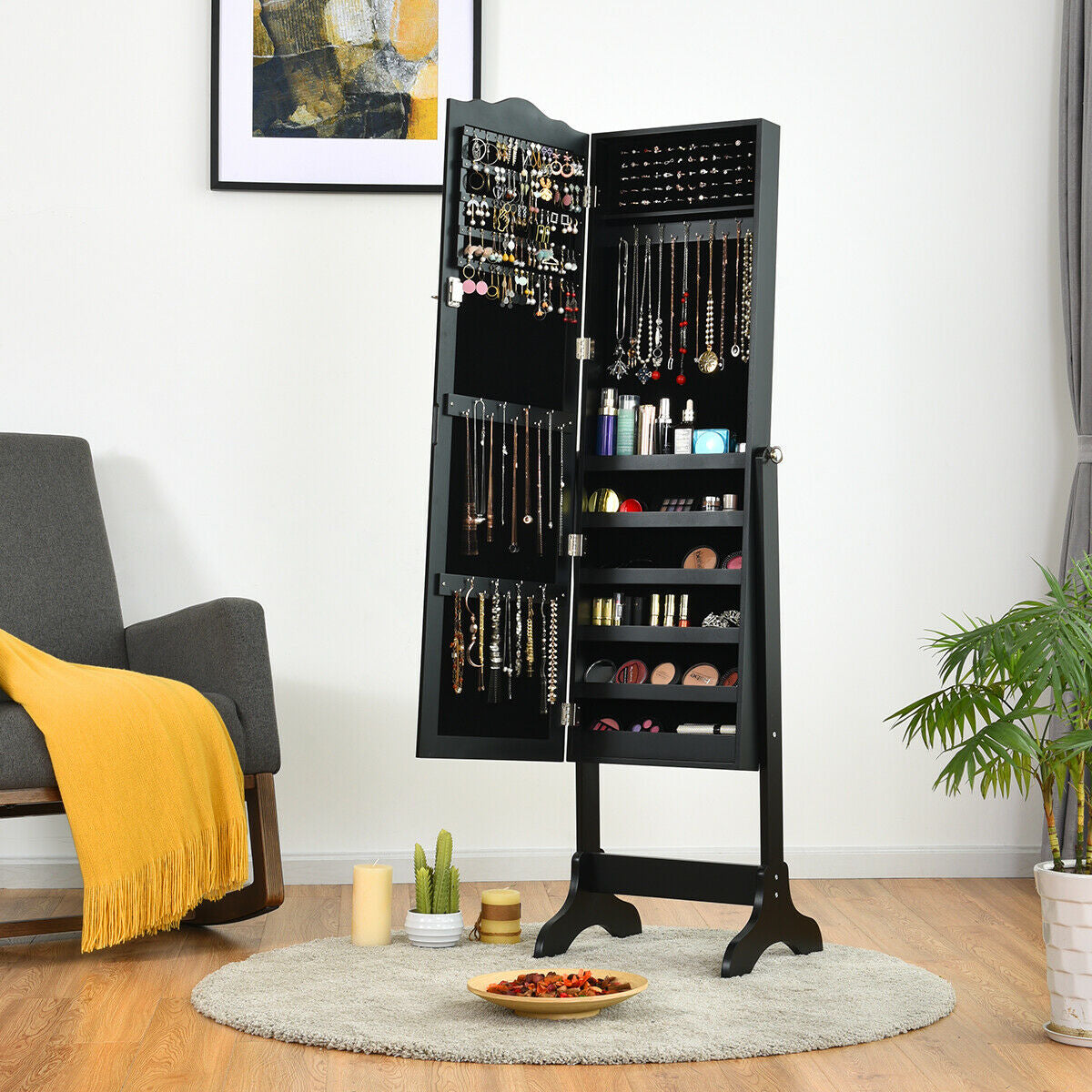 Freestanding Lockable Jewelry Armoire with Full-Length Mirror and Velvet-Lined Storage Organizer – Black