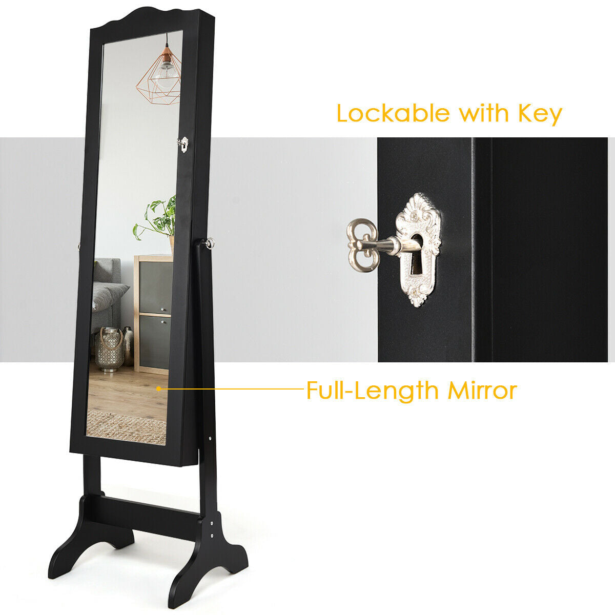 Freestanding Lockable Jewelry Armoire with Full-Length Mirror and Velvet-Lined Storage Organizer – Black