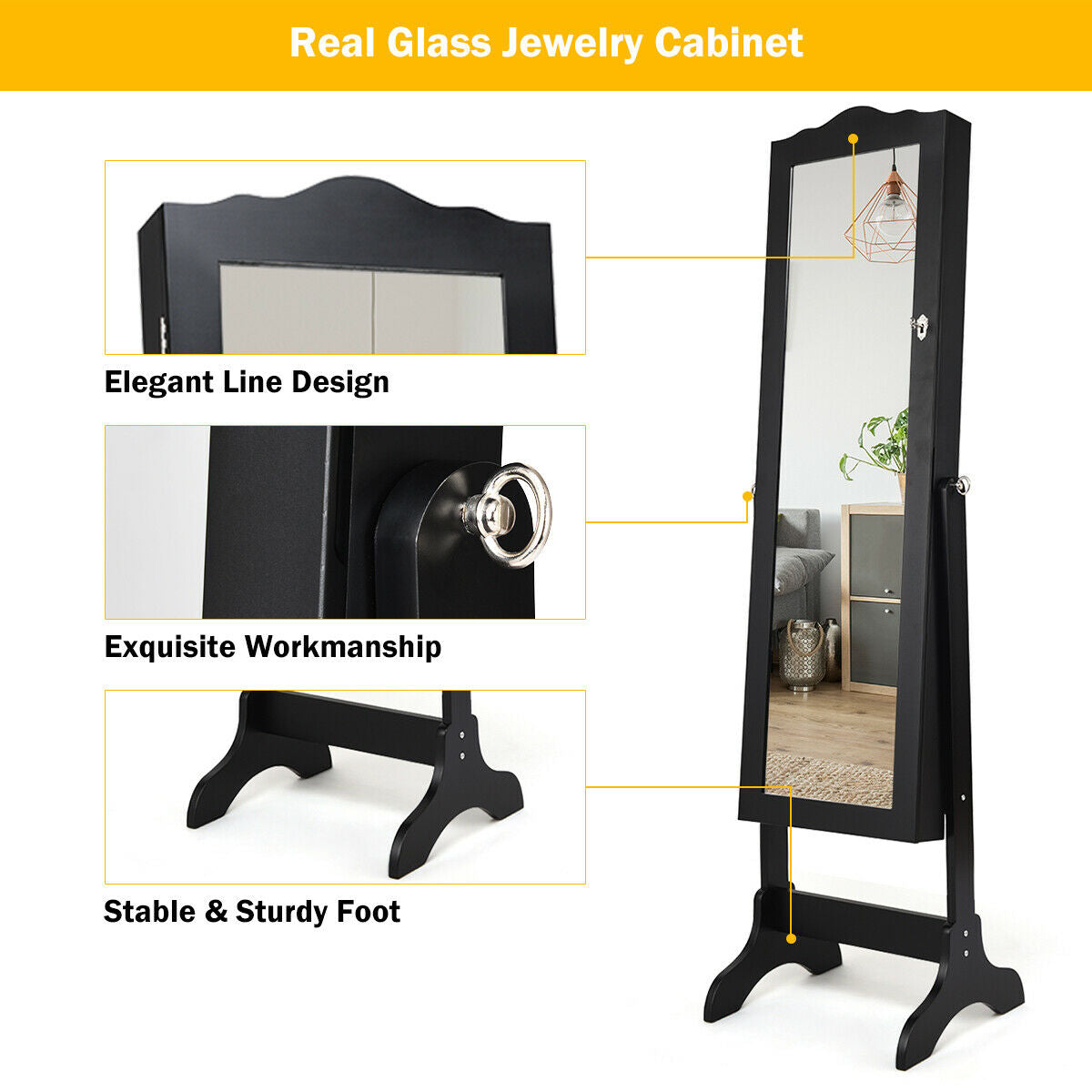 Freestanding Lockable Jewelry Armoire with Full-Length Mirror and Velvet-Lined Storage Organizer – Black
