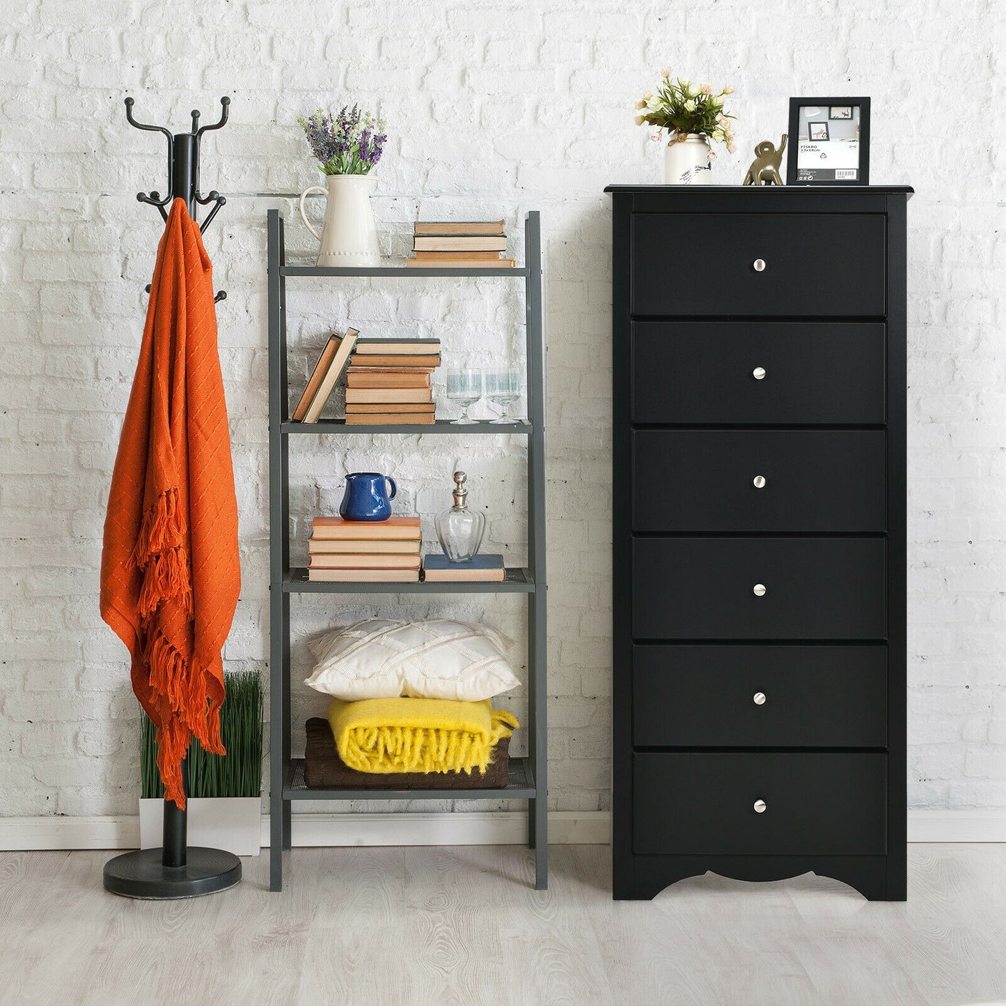 Modern 6 Drawer Bedroom Dresser Cabinet with Vertical Storage – Black