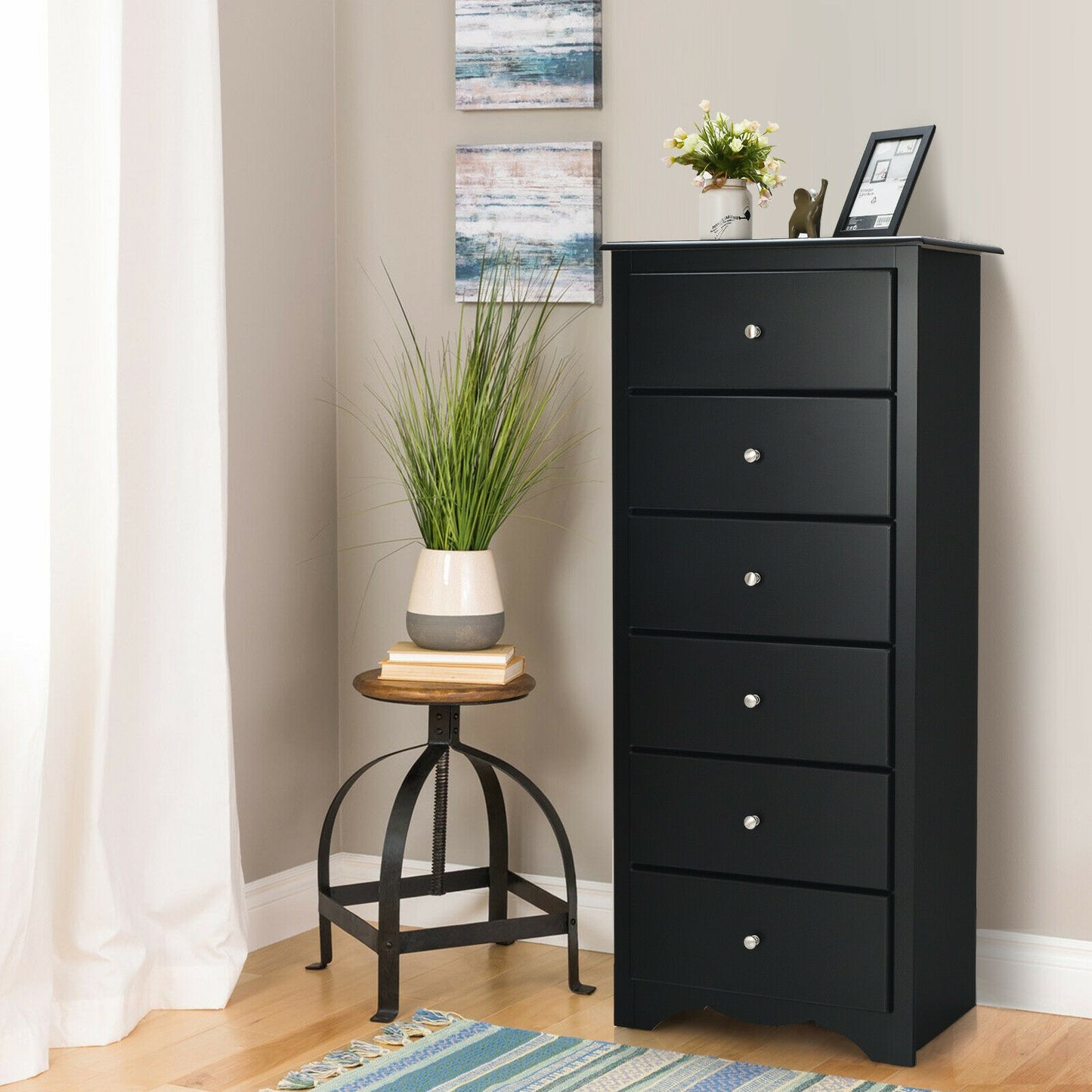 Modern 6 Drawer Bedroom Dresser Cabinet with Vertical Storage – Black