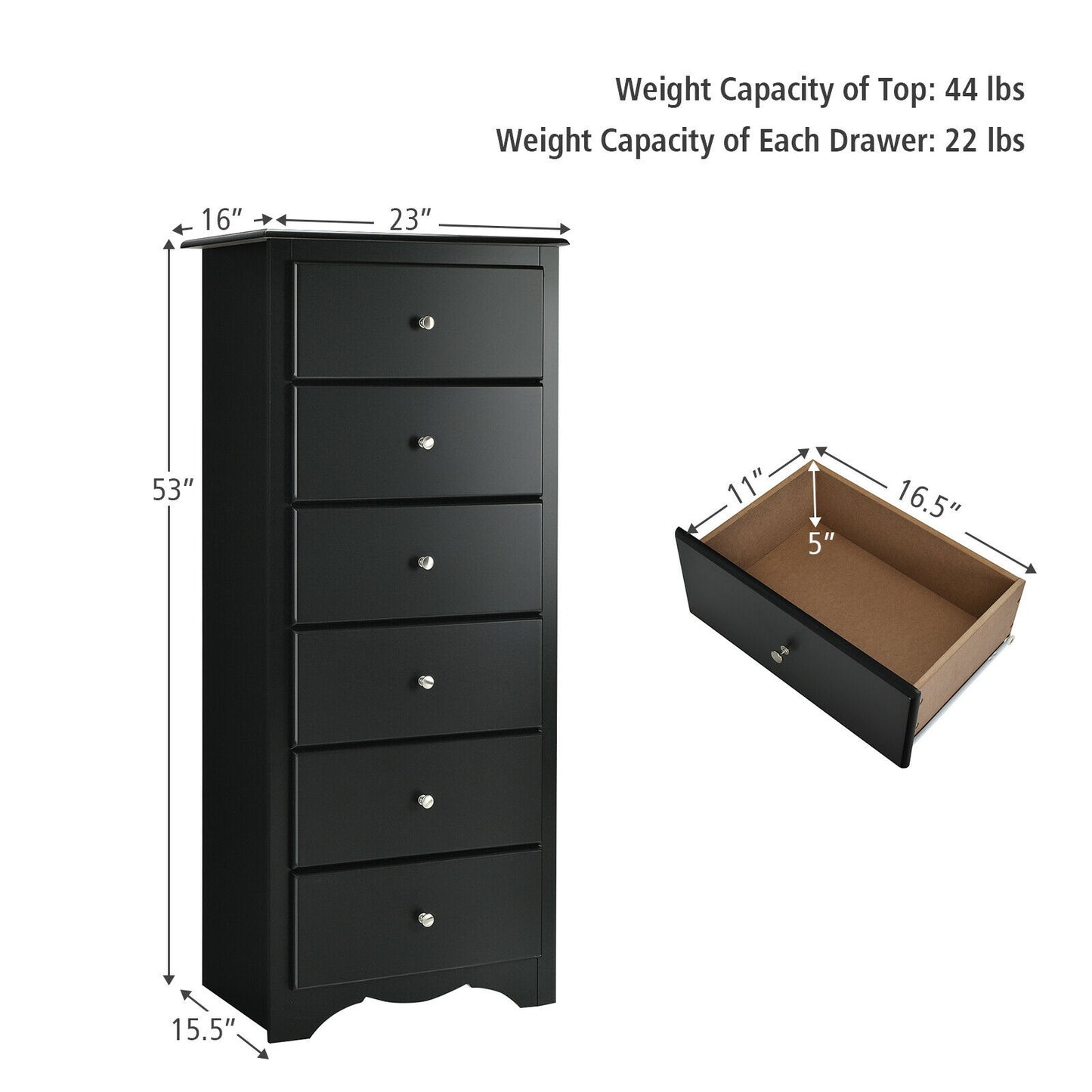 Modern 6 Drawer Bedroom Dresser Cabinet with Vertical Storage – Black