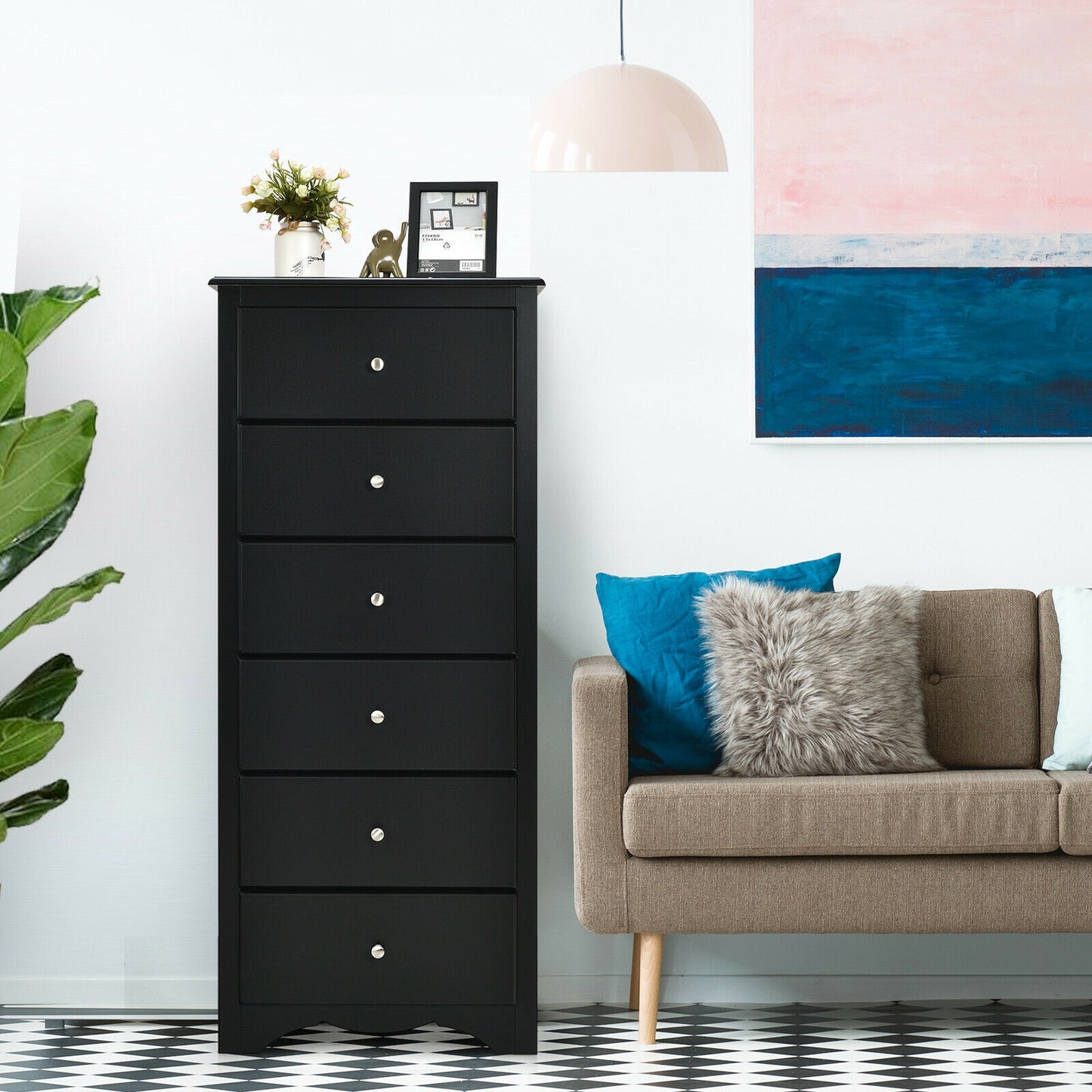 Modern 6 Drawer Bedroom Dresser Cabinet with Vertical Storage – Black