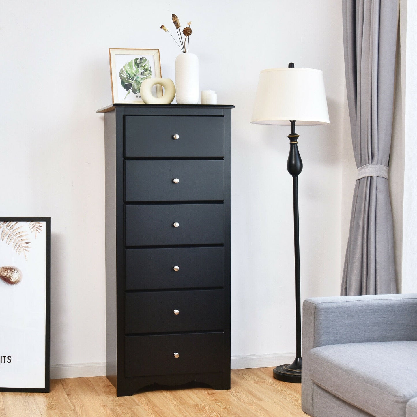 Modern 6 Drawer Bedroom Dresser Cabinet with Vertical Storage – Black