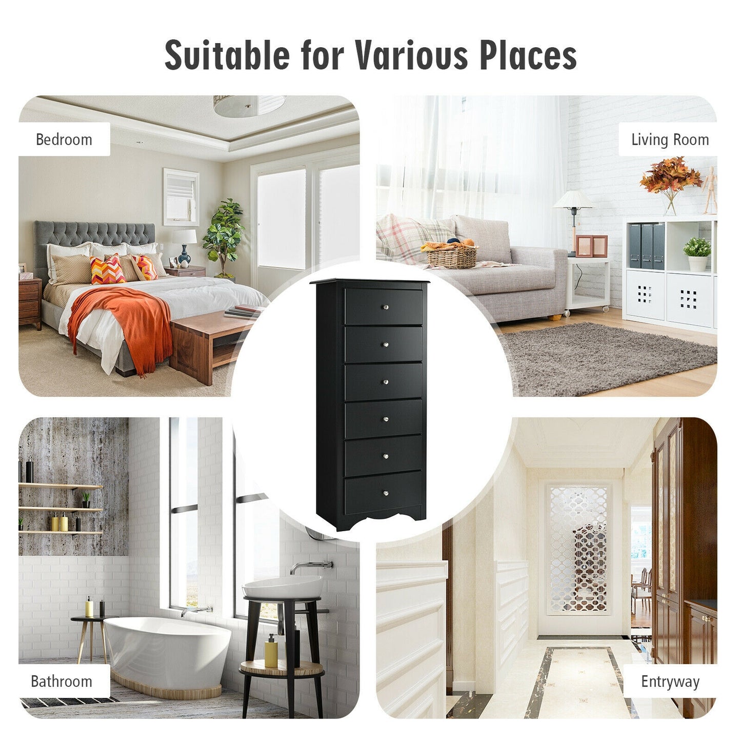 Modern 6 Drawer Bedroom Dresser Cabinet with Vertical Storage – Black