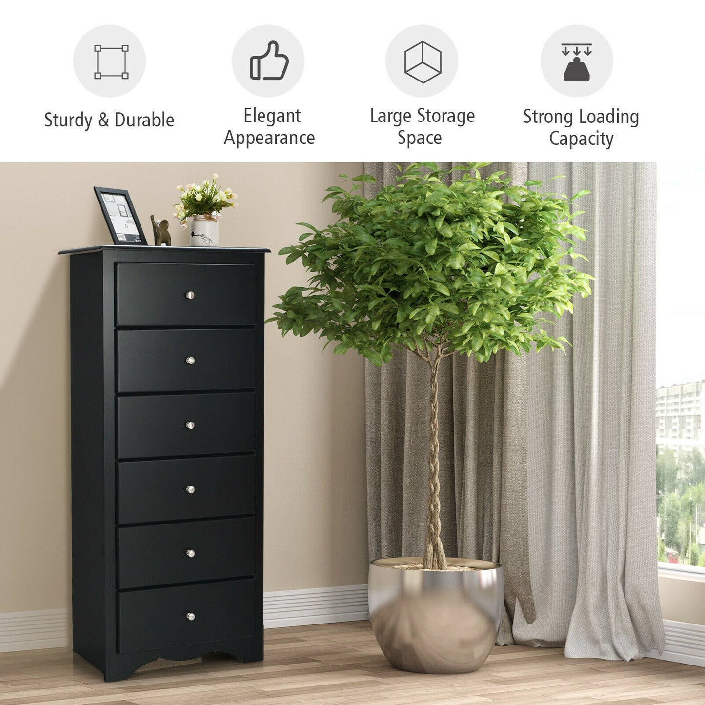 Modern 6 Drawer Bedroom Dresser Cabinet with Vertical Storage – Black