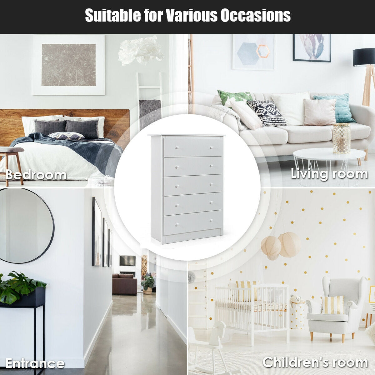 Modern 5-Drawer Vertical Dresser Cabinet – White