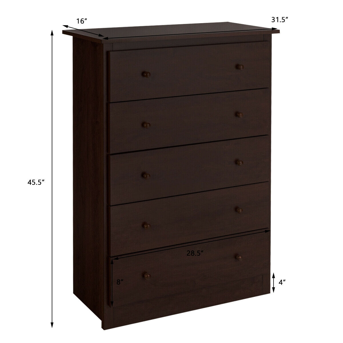 Modern 5-Drawer Vertical Dresser Cabinet – Dark Brown
