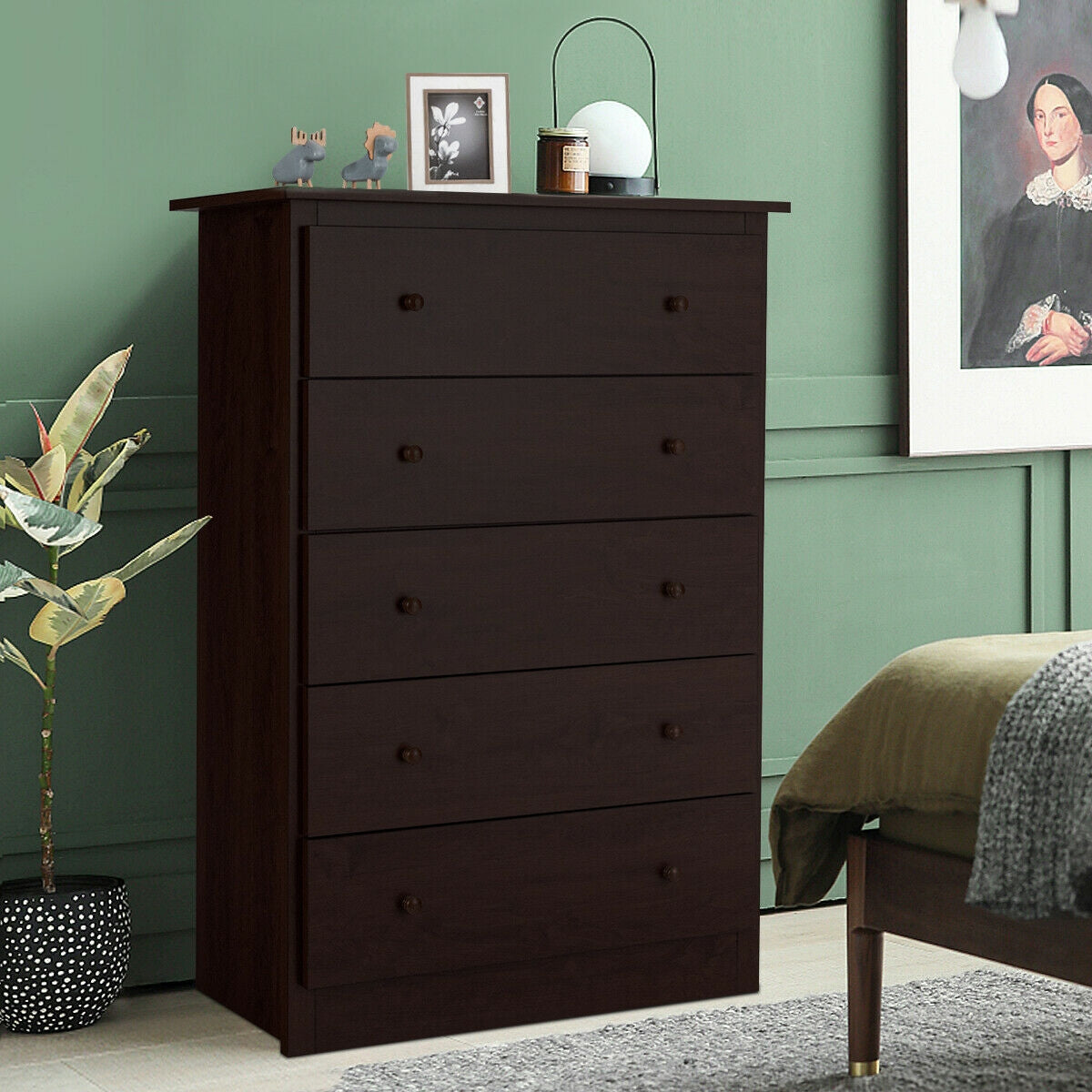 Modern 5-Drawer Vertical Dresser Cabinet – Dark Brown
