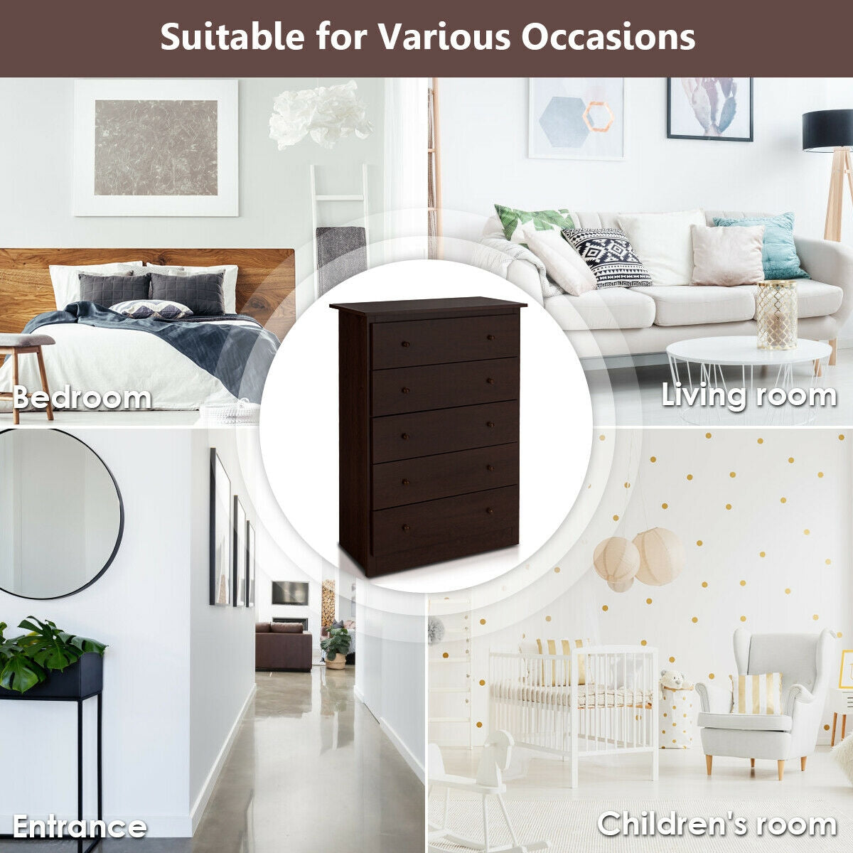Modern 5-Drawer Vertical Dresser Cabinet – Dark Brown