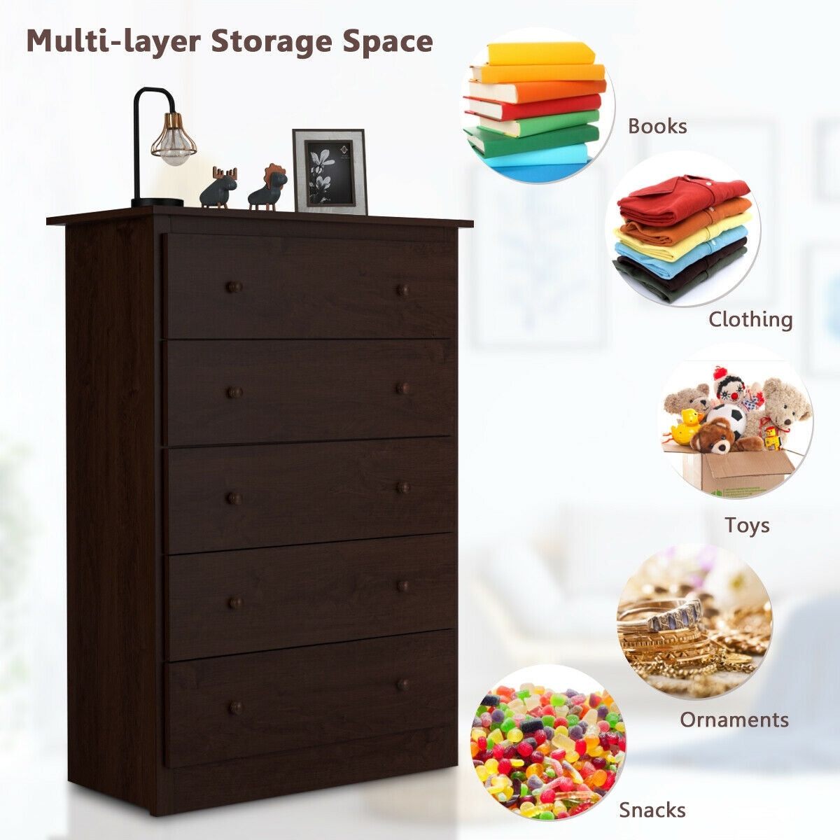 Modern 5-Drawer Vertical Dresser Cabinet – Dark Brown