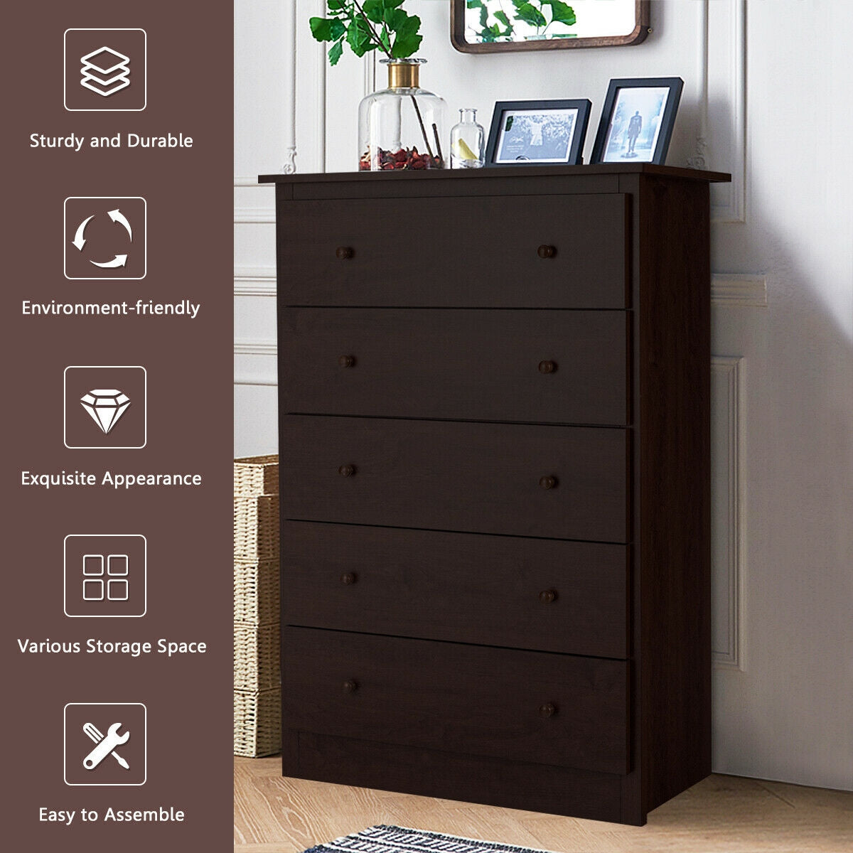Modern 5-Drawer Vertical Dresser Cabinet – Dark Brown