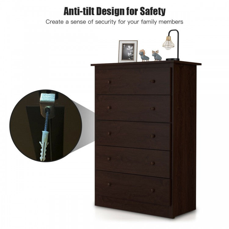 Modern 5-Drawer Vertical Dresser Cabinet – Dark Brown