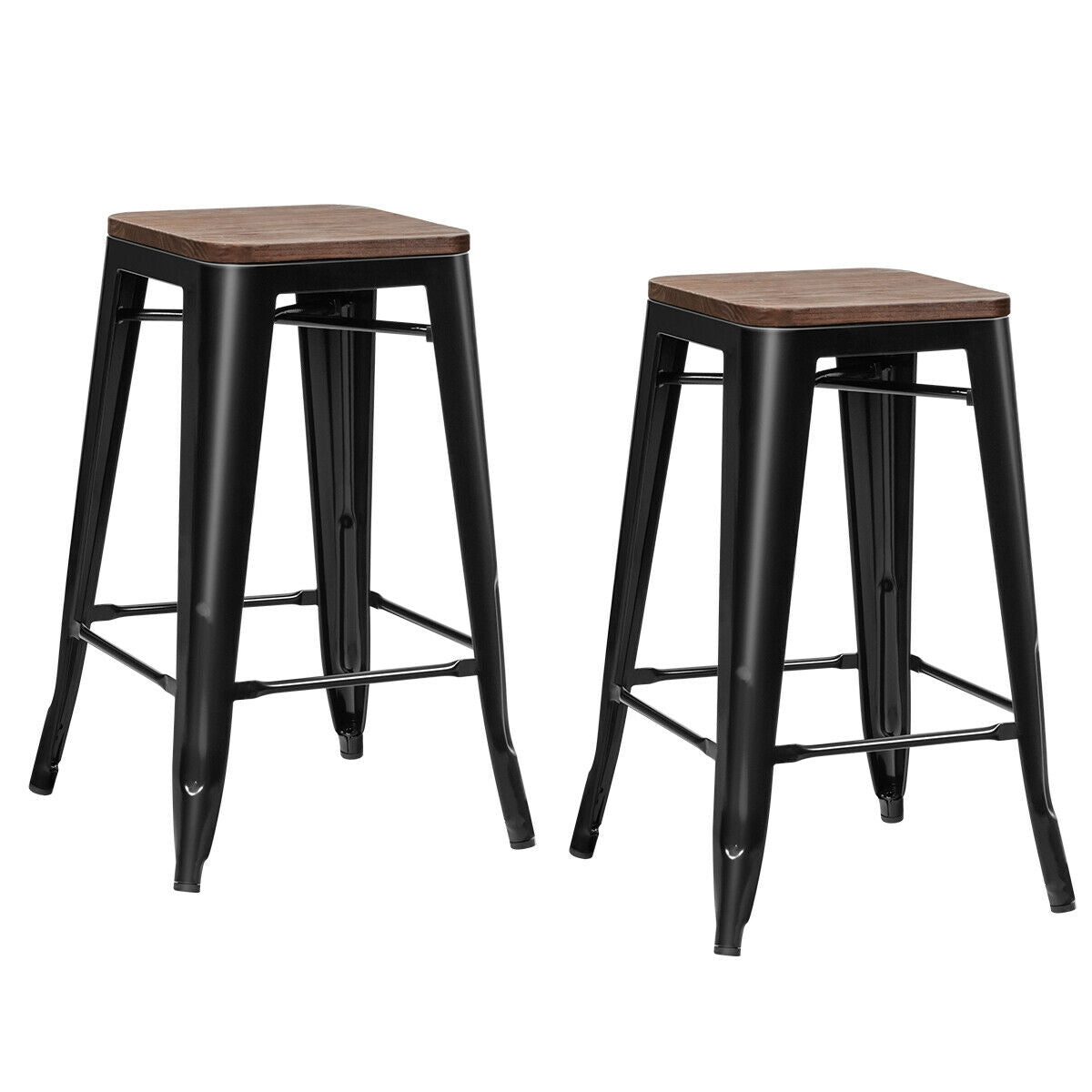 Set of 2 Modern Counter Height Stools with Natural Wooden Seat