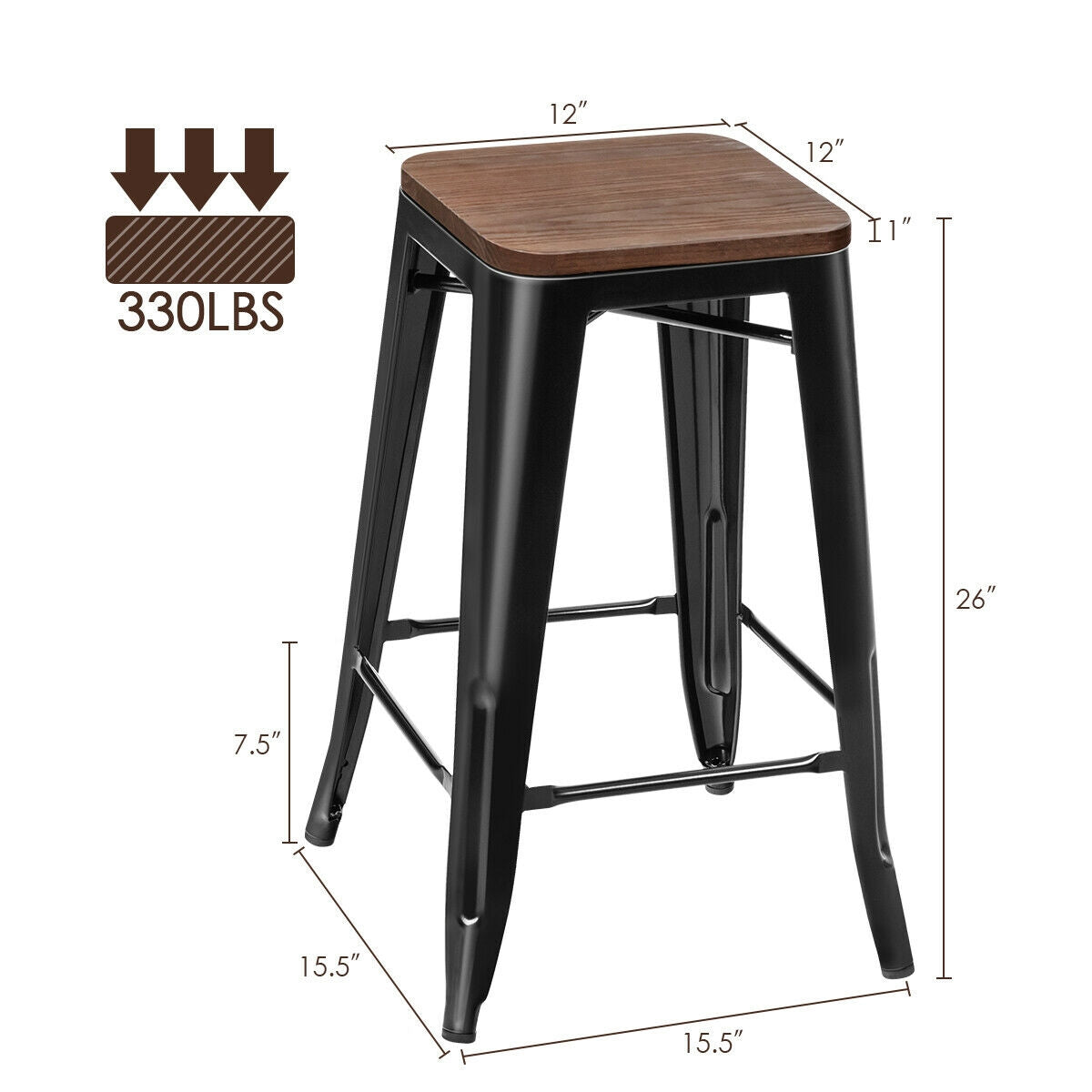 Set of 2 Modern Counter Height Stools with Natural Wooden Seat