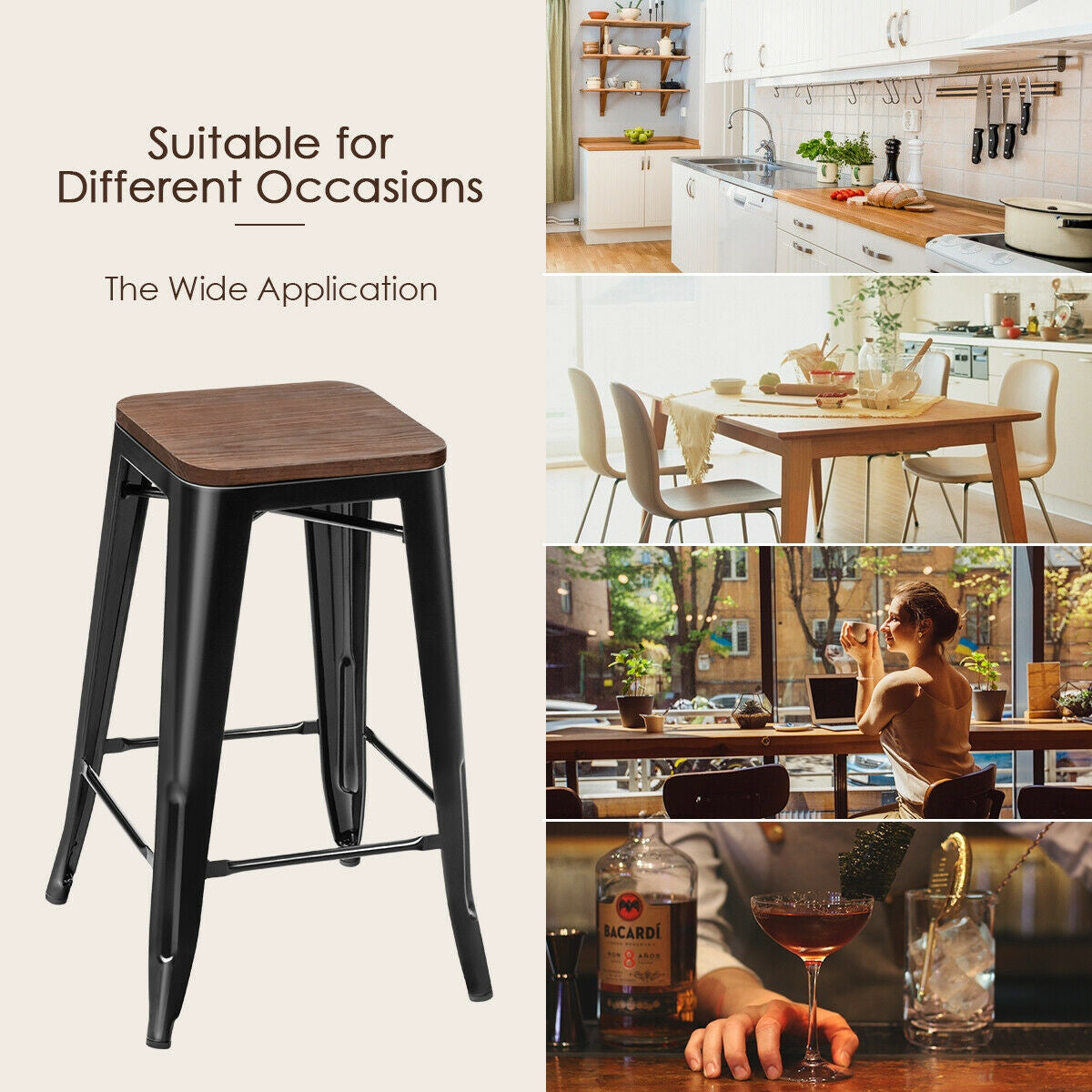Set of 2 Modern Counter Height Stools with Natural Wooden Seat