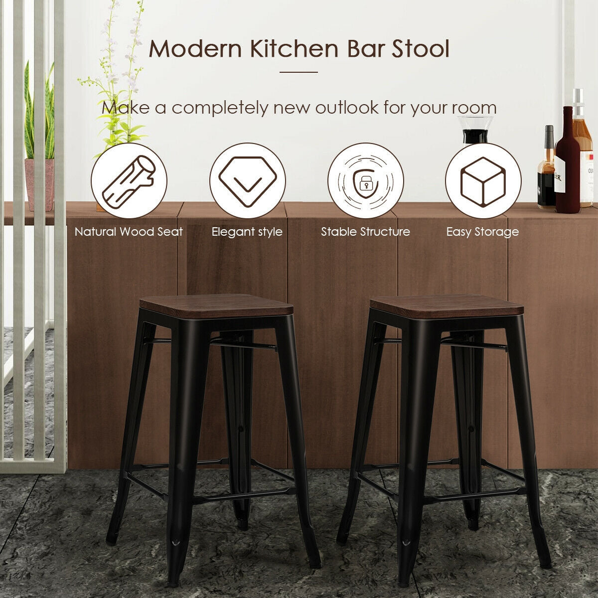 Set of 2 Modern Counter Height Stools with Natural Wooden Seat
