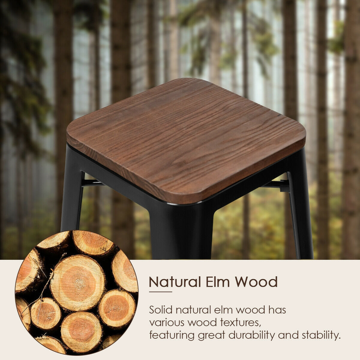 Set of 2 Modern Counter Height Stools with Natural Wooden Seat