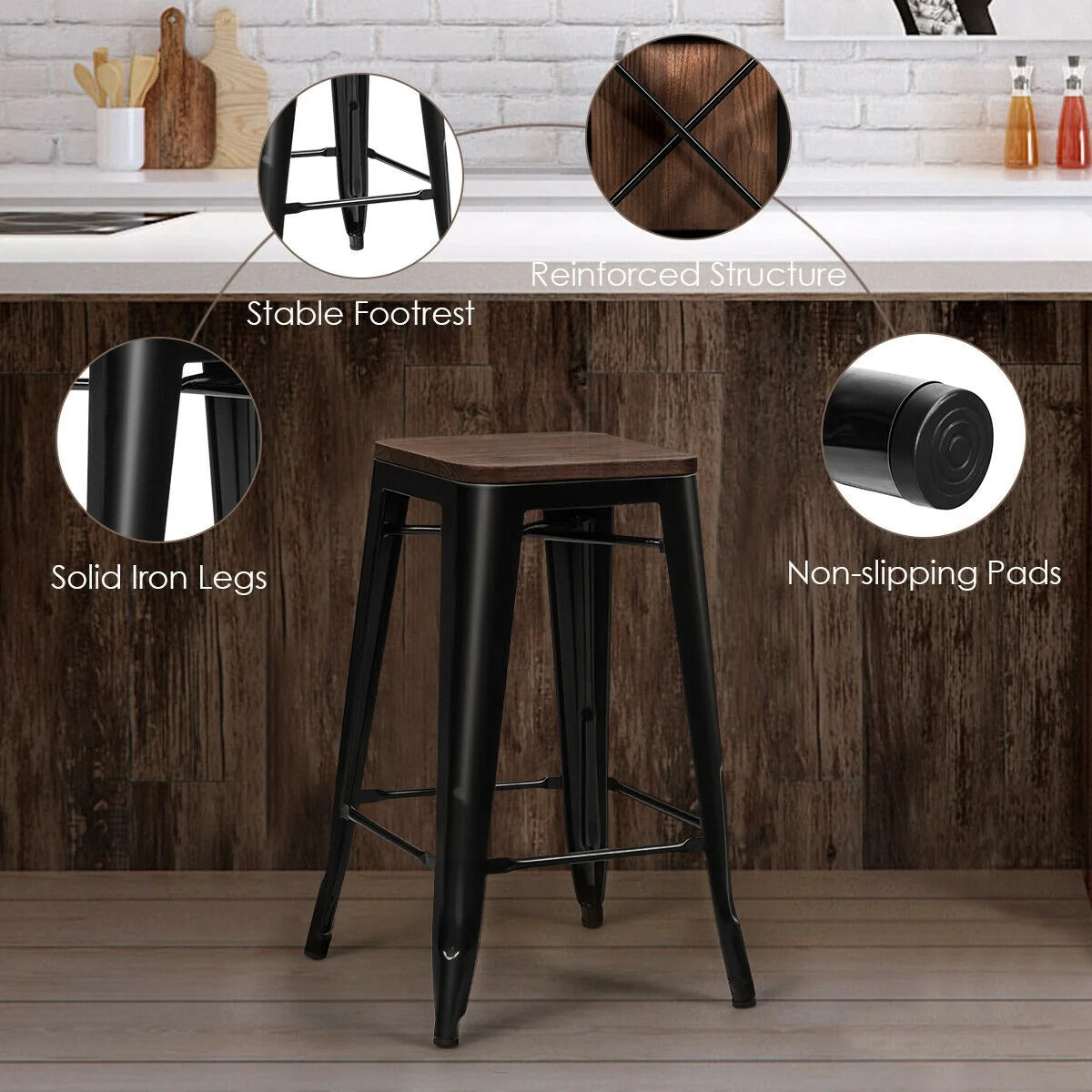 Set of 2 Modern Counter Height Stools with Natural Wooden Seat