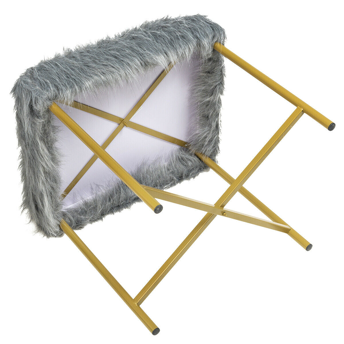 Elegant Ottoman with Gold Metal Legs and Faux Fur Upholstery - Grey