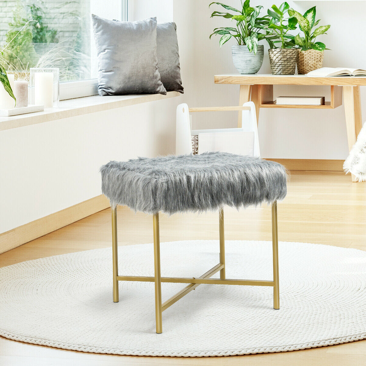 Elegant Ottoman with Gold Metal Legs and Faux Fur Upholstery - Grey