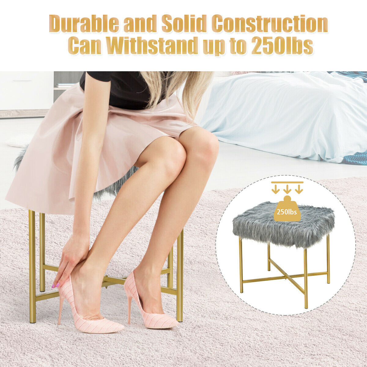 Elegant Ottoman with Gold Metal Legs and Faux Fur Upholstery - Grey