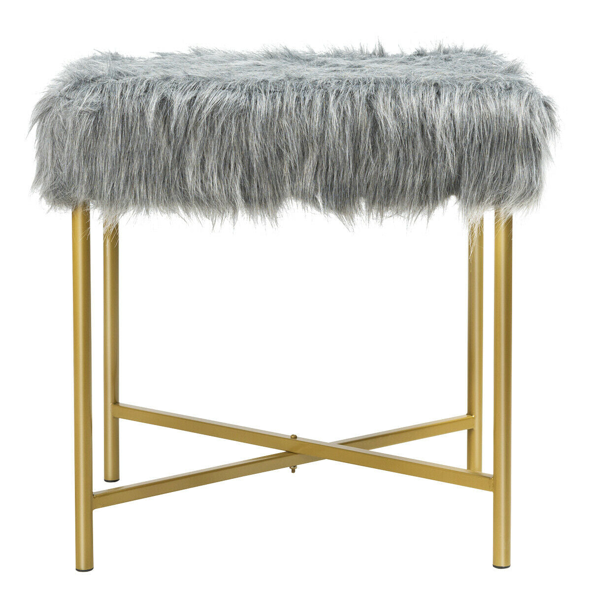 Elegant Ottoman with Gold Metal Legs and Faux Fur Upholstery - Grey