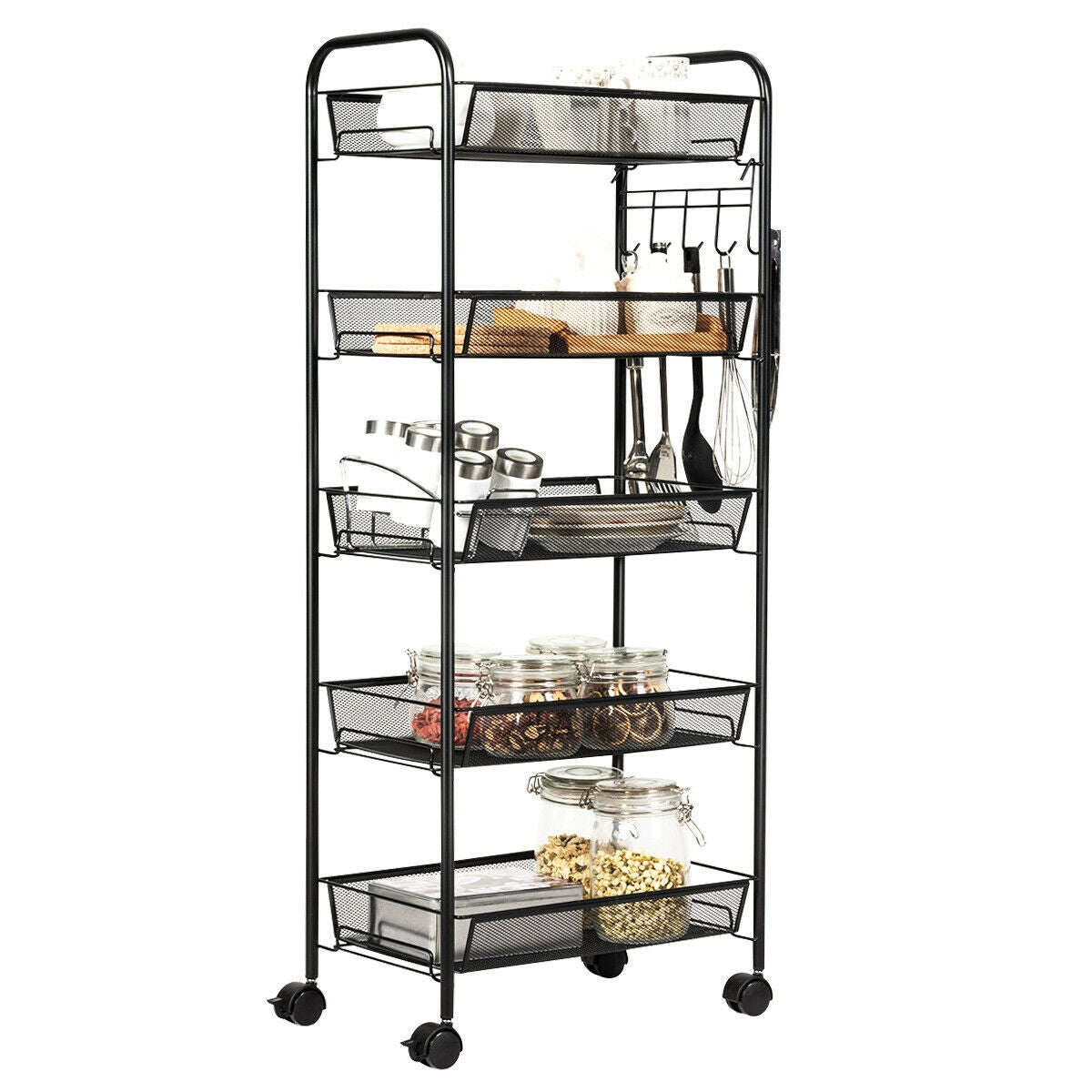 5 Tier Mesh Storage Cart with Wheels and Hooks, Rolling Utility Organizer Basket for Home Office or Kitchen