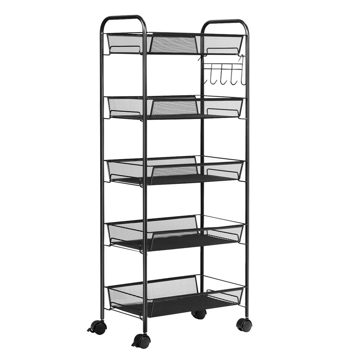 5 Tier Mesh Storage Cart with Wheels and Hooks, Rolling Utility Organizer Basket for Home Office or Kitchen