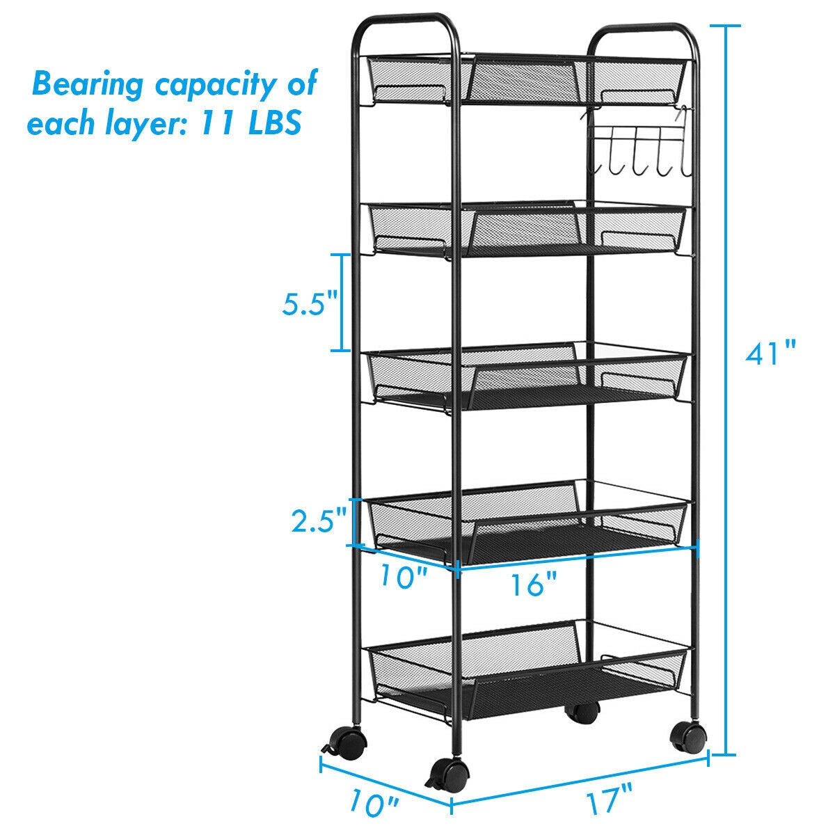 5 Tier Mesh Storage Cart with Wheels and Hooks, Rolling Utility Organizer Basket for Home Office or Kitchen