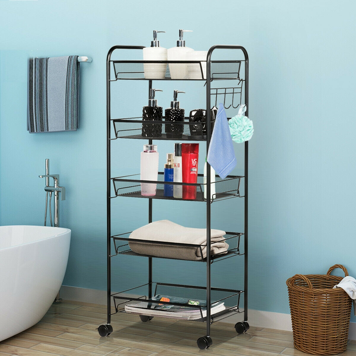 5 Tier Mesh Storage Cart with Wheels and Hooks, Rolling Utility Organizer Basket for Home Office or Kitchen