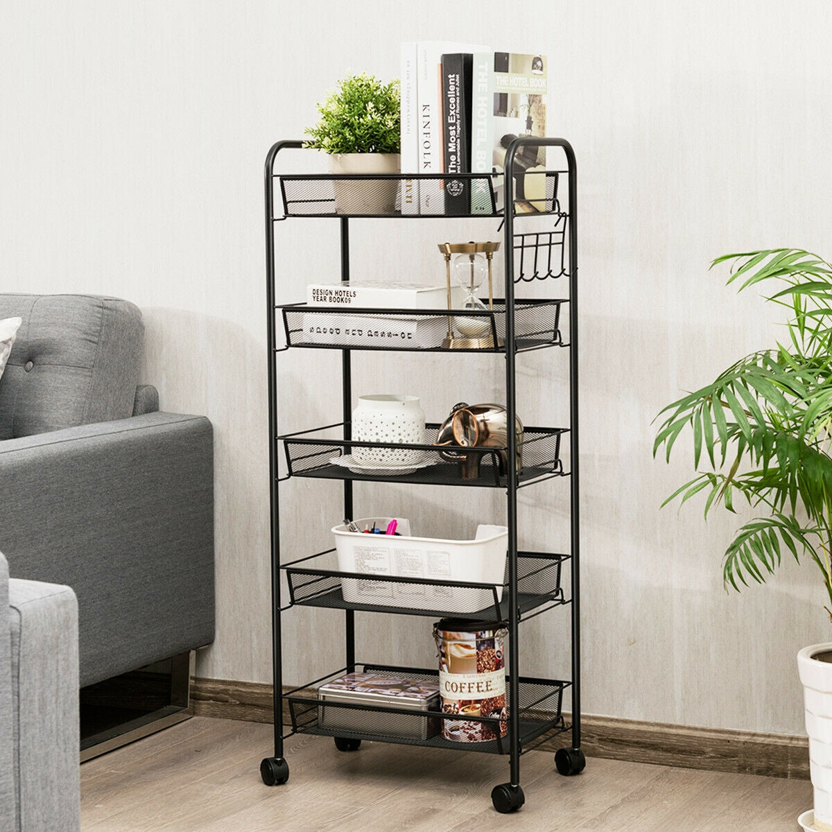 5 Tier Mesh Storage Cart with Wheels and Hooks, Rolling Utility Organizer Basket for Home Office or Kitchen