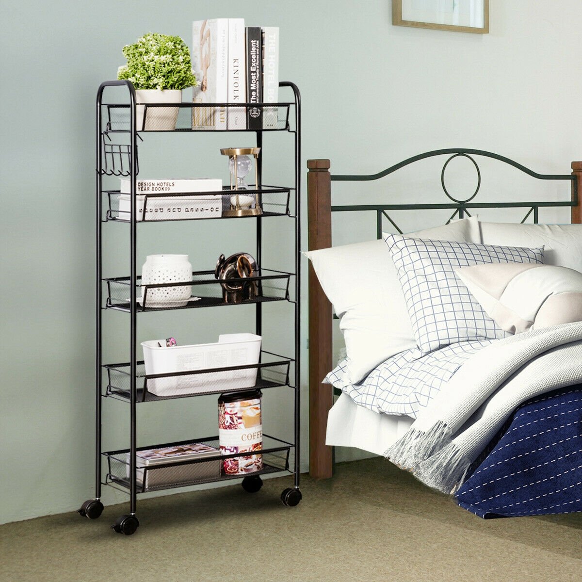 5 Tier Mesh Storage Cart with Wheels and Hooks, Rolling Utility Organizer Basket for Home Office or Kitchen