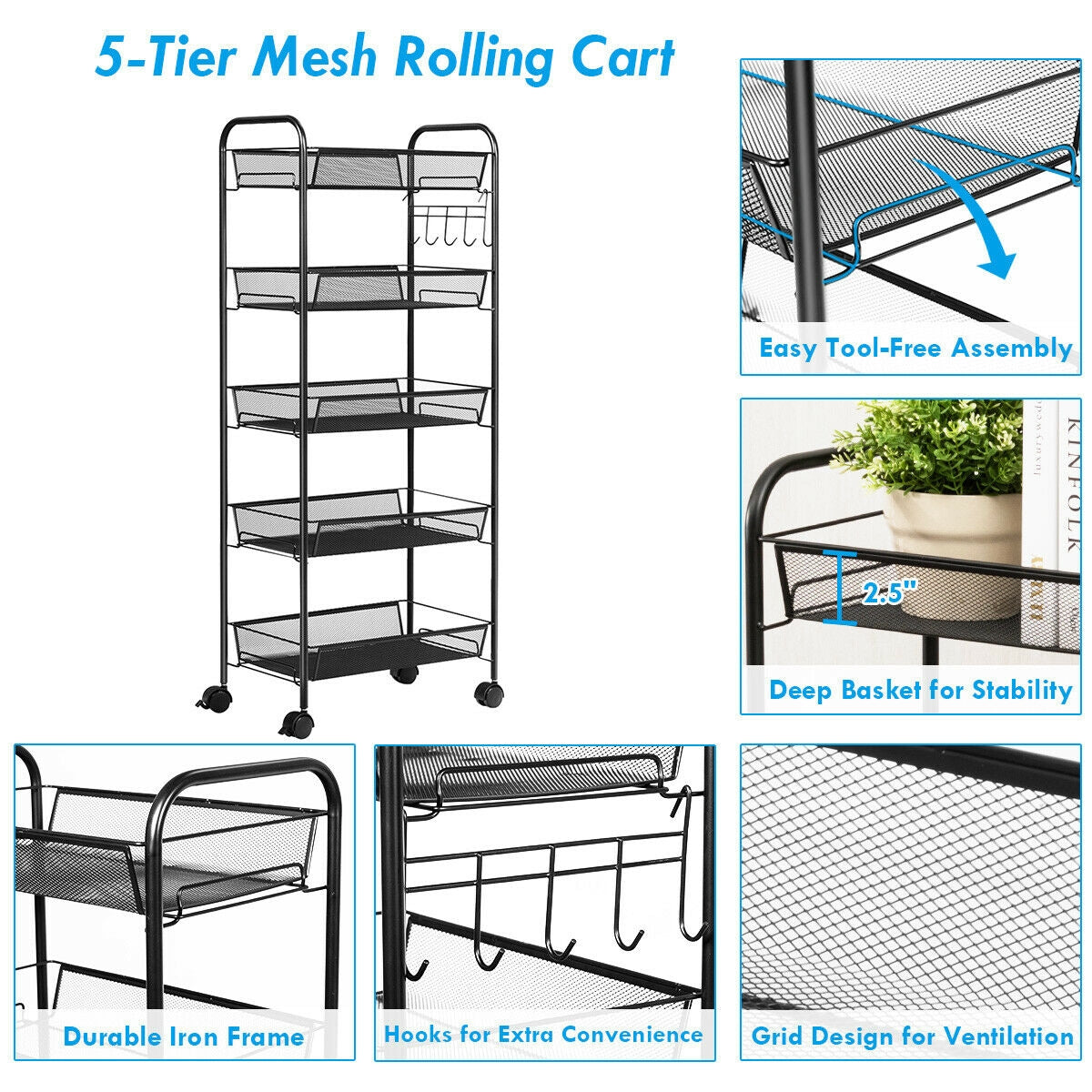 5 Tier Mesh Storage Cart with Wheels and Hooks, Rolling Utility Organizer Basket for Home Office or Kitchen