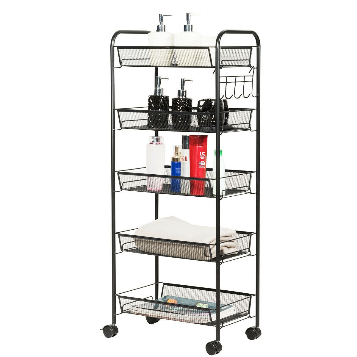 5 Tier Mesh Storage Cart with Wheels and Hooks, Rolling Utility Organizer Basket for Home Office or Kitchen