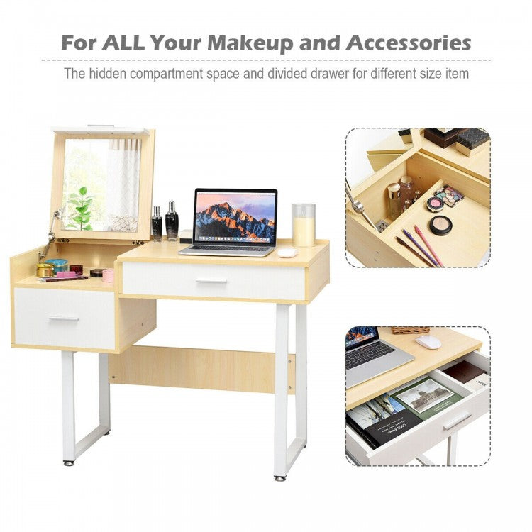 Vanity Table with Flip-Top Mirror, Storage Drawers, and Writing Desk Function