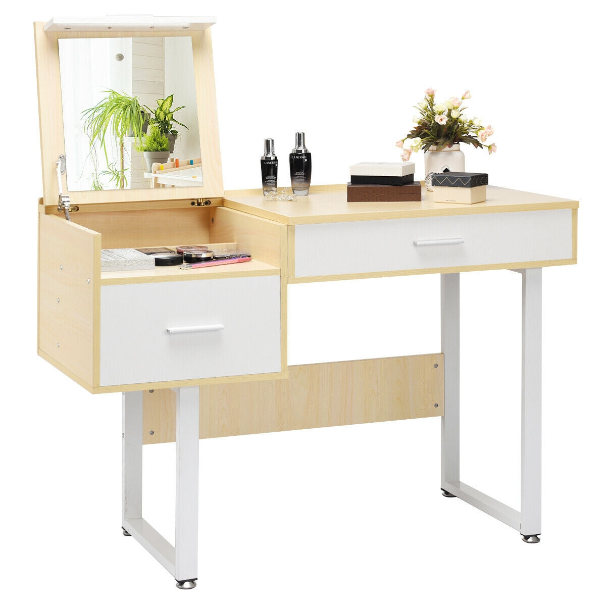 Vanity Table with Flip-Top Mirror, Storage Drawers, and Writing Desk Function