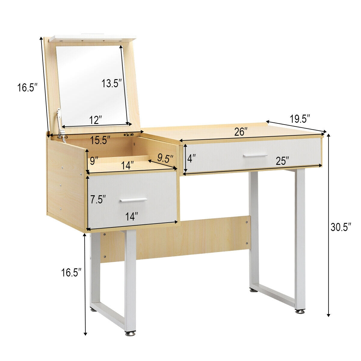 Vanity Table with Flip-Top Mirror, Storage Drawers, and Writing Desk Function