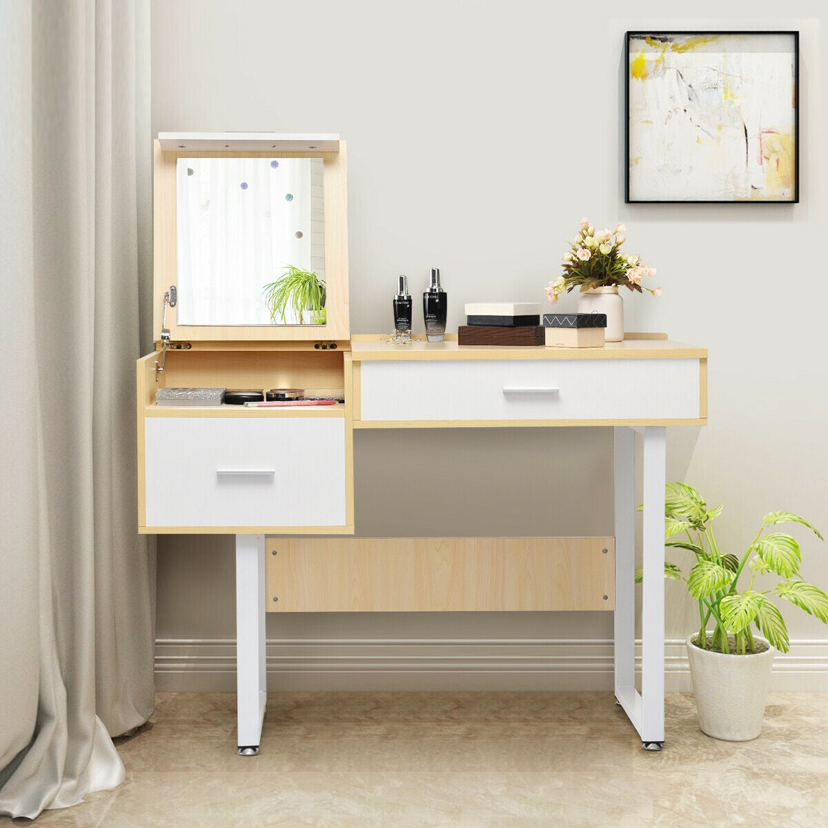 Vanity Table with Flip-Top Mirror, Storage Drawers, and Writing Desk Function