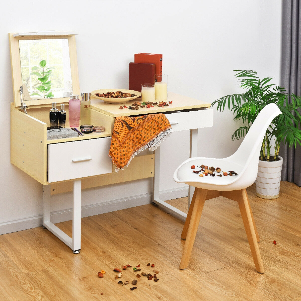Vanity Table with Flip-Top Mirror, Storage Drawers, and Writing Desk Function