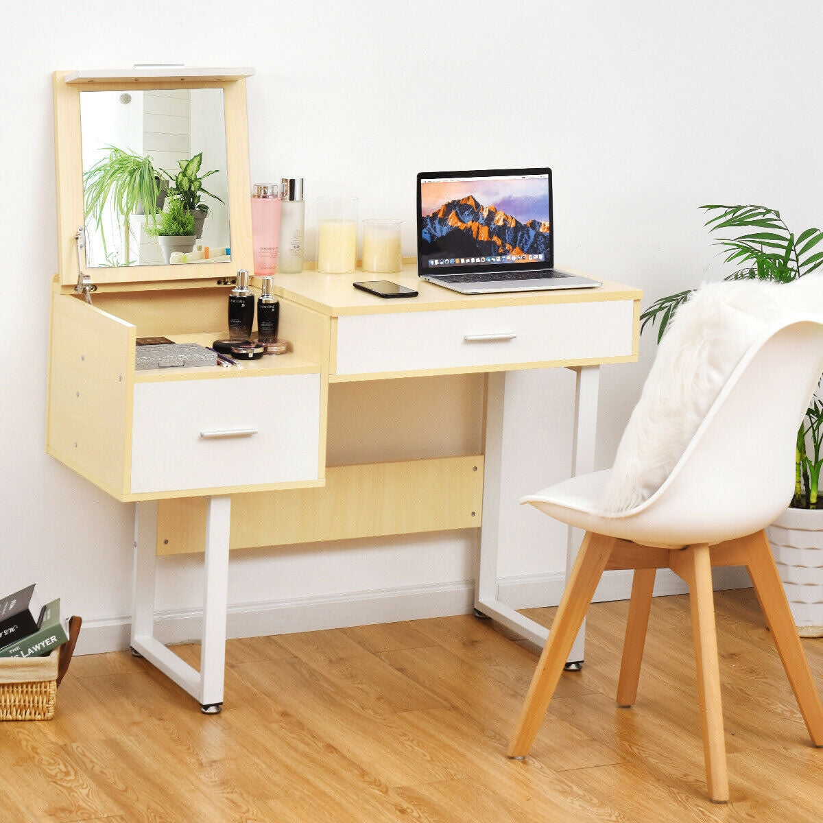 Vanity Table with Flip-Top Mirror, Storage Drawers, and Writing Desk Function