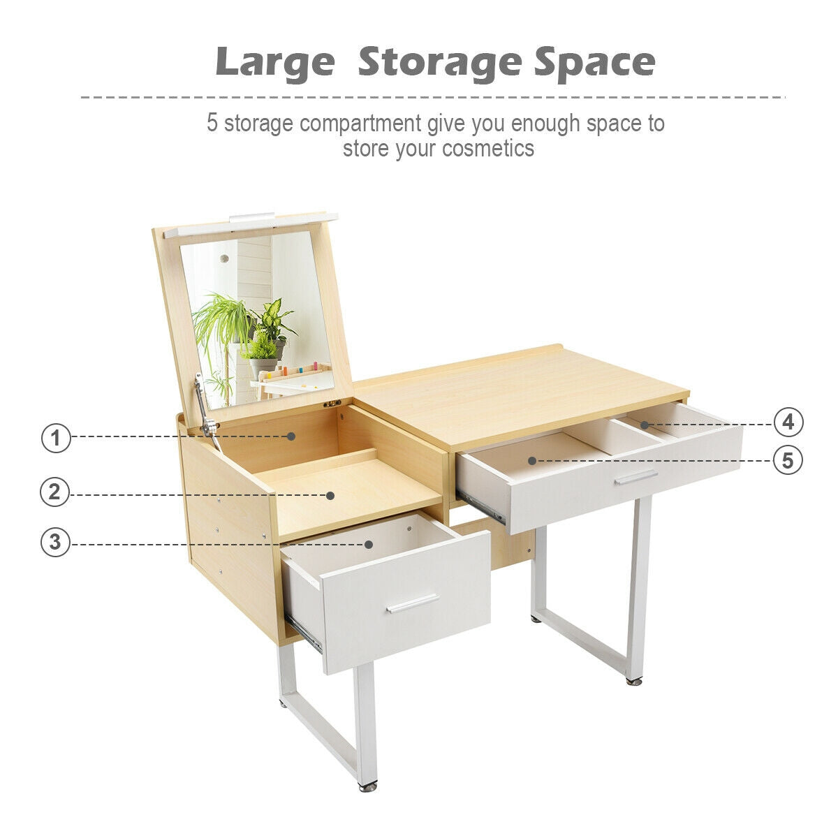 Vanity Table with Flip-Top Mirror, Storage Drawers, and Writing Desk Function