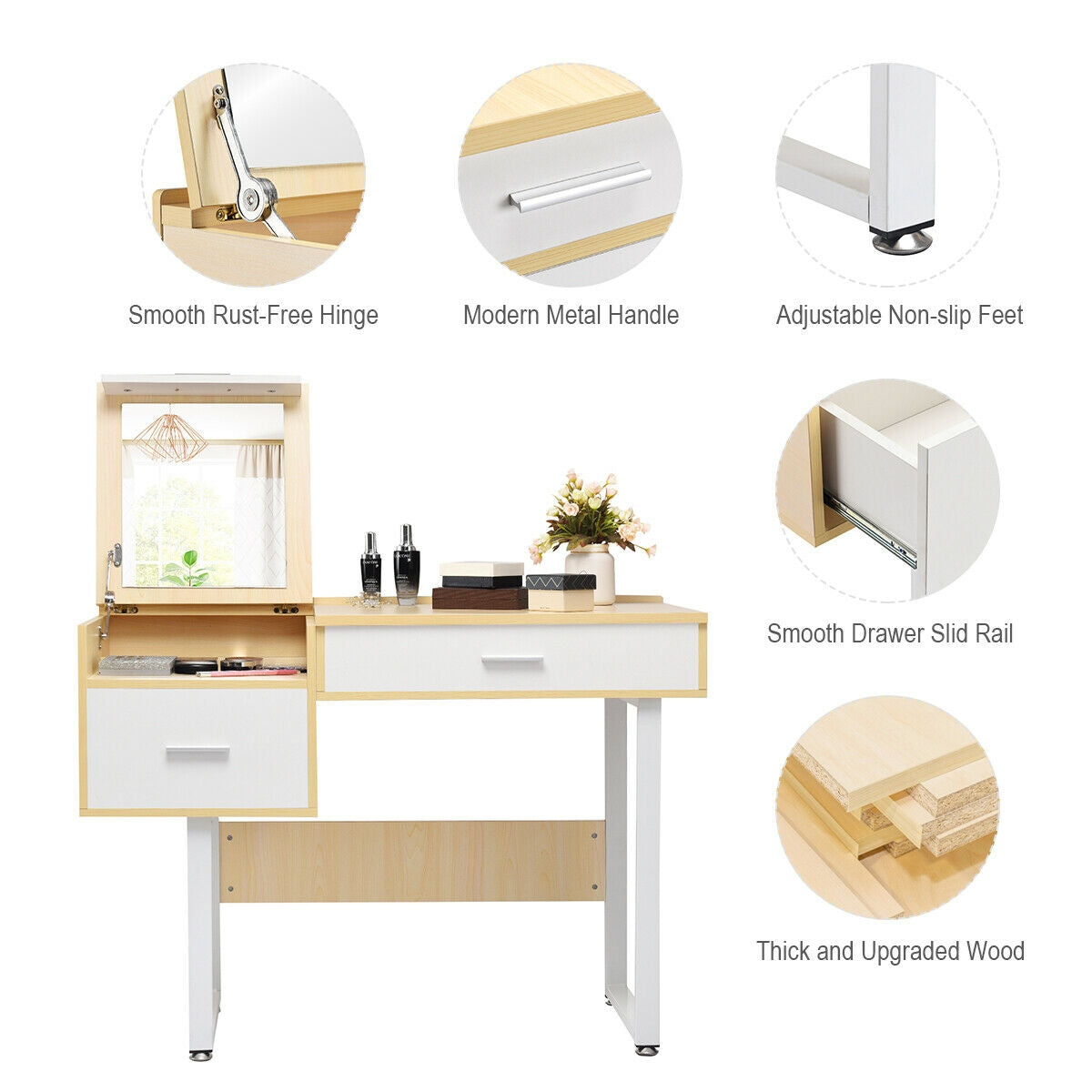 Vanity Table with Flip-Top Mirror, Storage Drawers, and Writing Desk Function