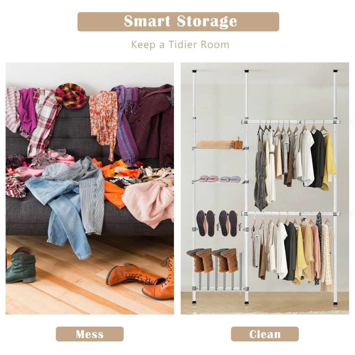 Adjustable 2-Tier Telescopic Garment Rack with Shoe Storage & Shelf – Multi-Functional Clothes Organizer