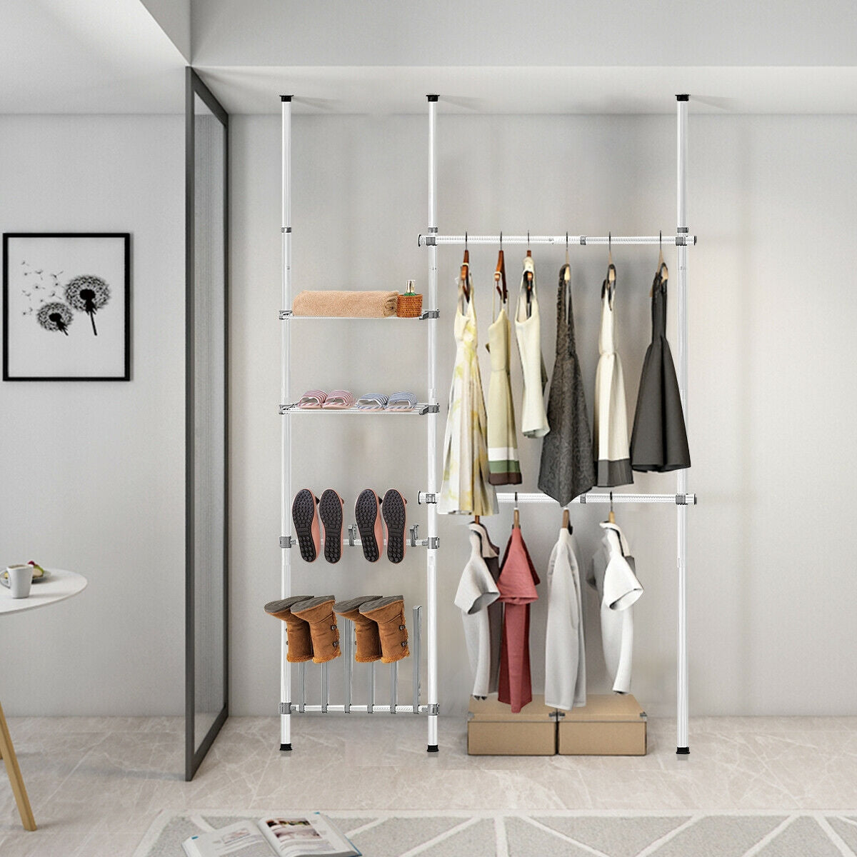 Adjustable 2-Tier Telescopic Garment Rack with Shoe Storage & Shelf – Multi-Functional Clothes Organizer